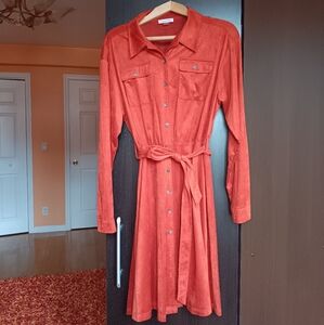Calvin Klein Orange Ultrasuede Belted Shirt Dress